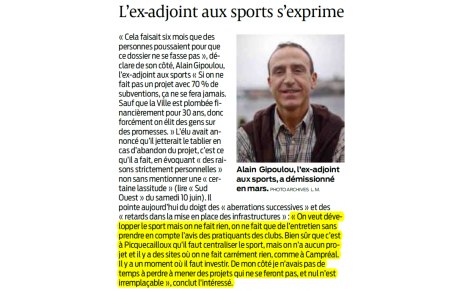 Article SO du 15 07 2017: l'ex adjoint aux Sports de Bergerac s'exprime